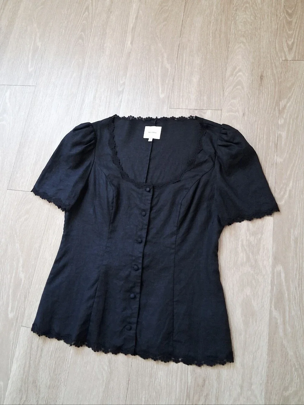 Reformation Anabella Black Linen Blouse Milkmaid Lace Parisian